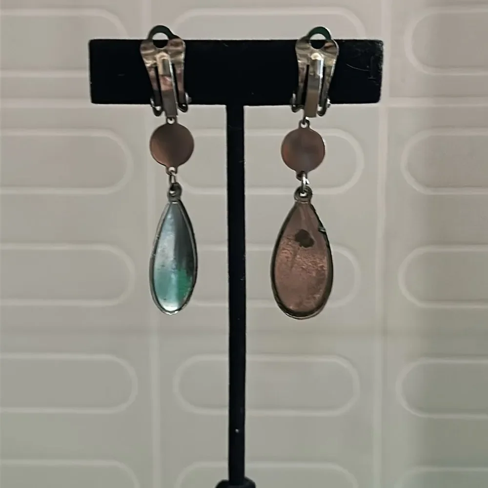 Green Clip-On Earrings Faux Silver Tone Costume Jewelry Non Pierced